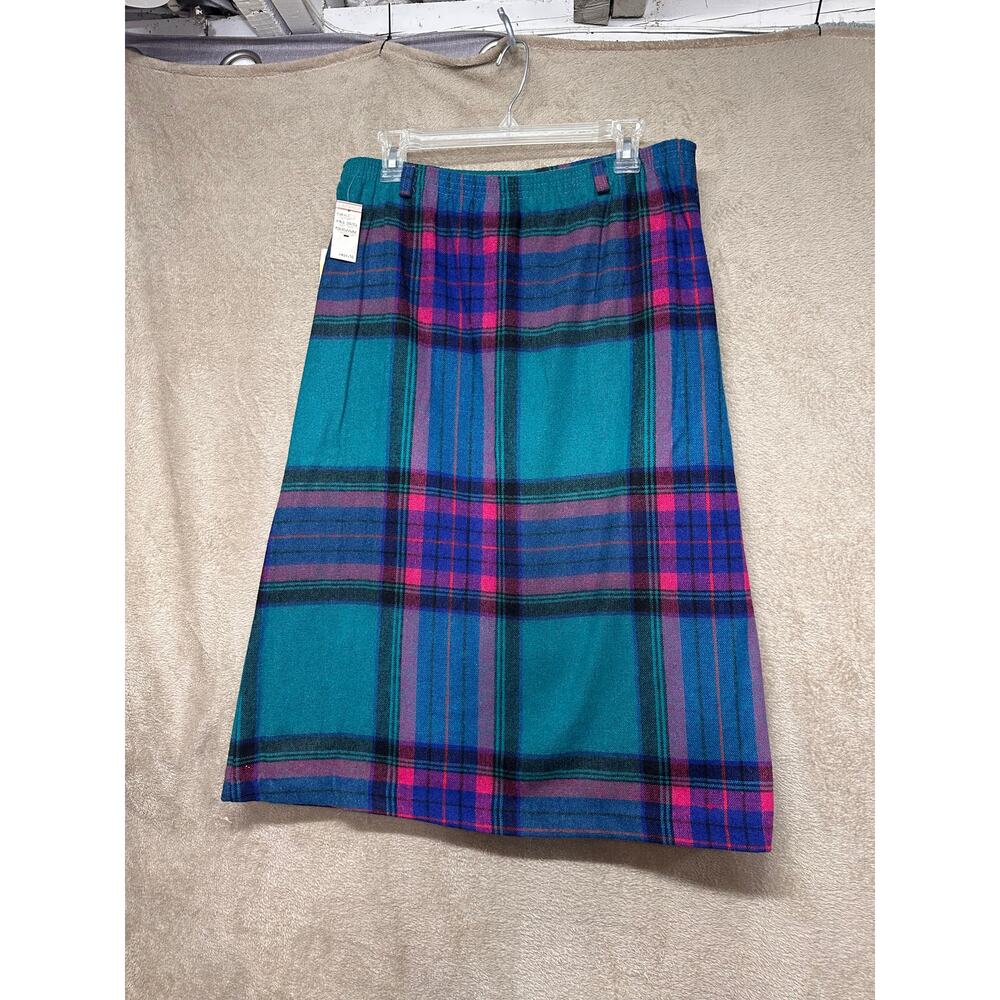 Vintage Plaid Midi Skirt Wool Blend Teal Pink Purple Cottagecore XL - Picture 2 of 8